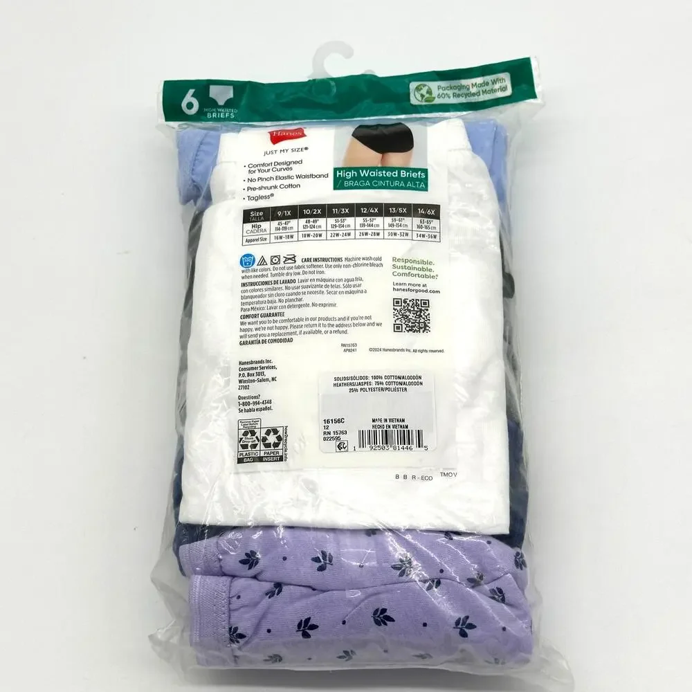 Hanes Women's Cotton High Waisted Briefs Just My Size 12 / 4X Underwear 6 pk - Picture 9 of 9